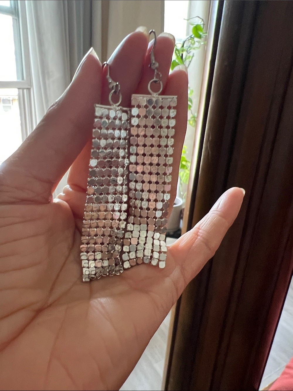 Silver Mesh Dangle Earrings - Shimmering Fringe